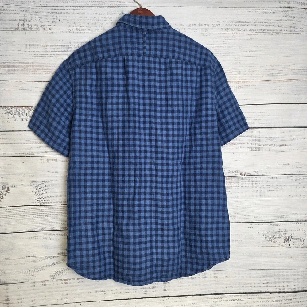 Banana Republic Shirt Men Medium Blue Check Linen Camden Fit Short Sleeve Button